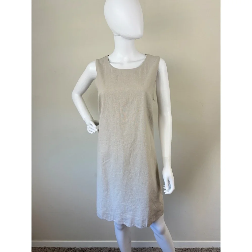 NWT‎ J. Crew Scalloped Hem Sleeveless Linen Blend Shift Dress Beige Size 14